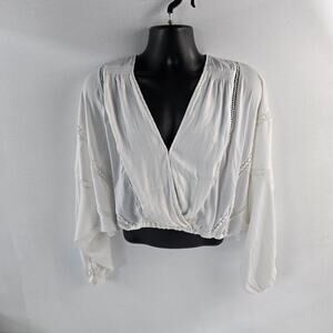 Free People Women’s White Long Sleeve Surplice Boho Peasant Blouse Size Small 65